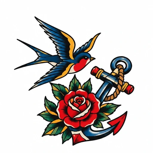 Traditional tattoo of a blue and yellow swallow flying near an anchor with a red rose and green leaves wrapped around it