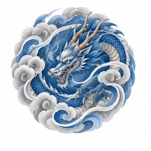 Illustration of a blue Japanese dragon curled within stylized swirling gray and white clouds