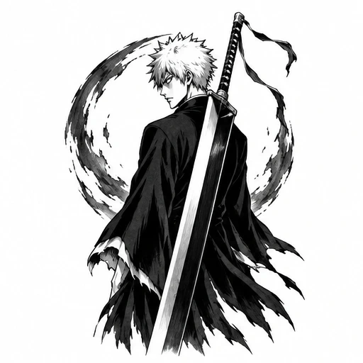 Black and white illustration of Ichigo Kurosaki from Bleach holding a large sword with a circular brushstroke behind him.