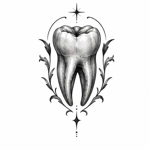 Black and white realistic molar tooth tattoo design with decorative leaves and star accents