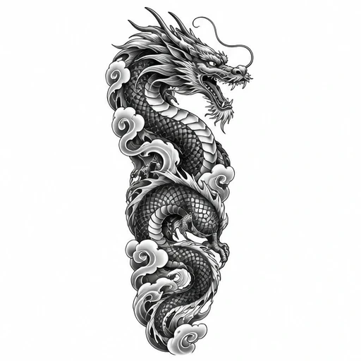 Black and grey oriental dragon tattoo with detailed scales and clouds, coiled body showing fierce expression.