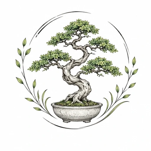 Detailed bonsai tree with twisting trunk in pot, surrounded by circular leafy frame