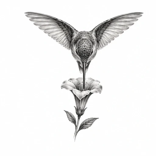 Realistic black and grey hummingbird feeding from a trumpet flower tattoo design
