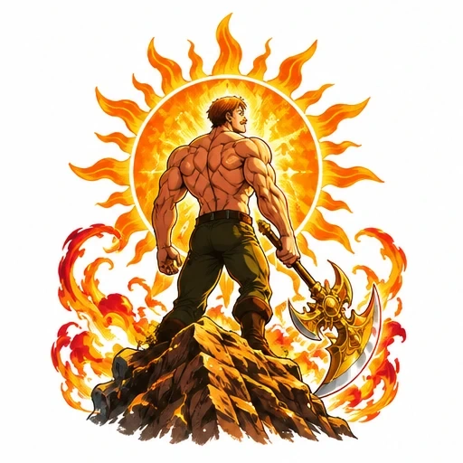 Muscular man holding ornate axe standing on rocky peak with fiery sun and flames behind him