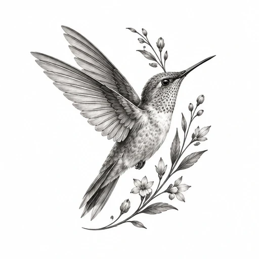 Black and grey micro realism tattoo of a hummingbird in flight with flowering branches.