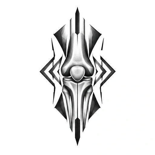 Geometric black and grey knee joint tattoo design with sharp angles and shading