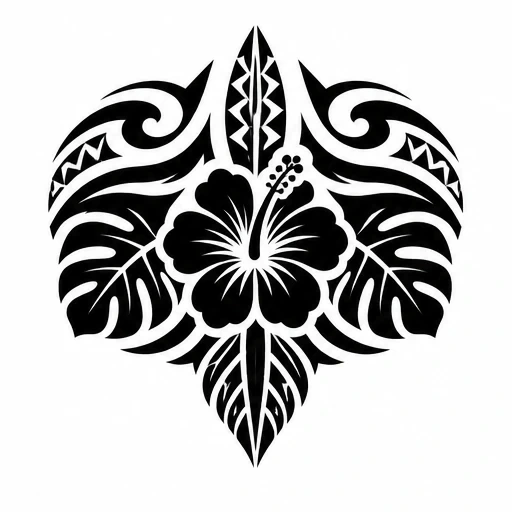 Black tribal hibiscus flower with tropical leaves tattoo design