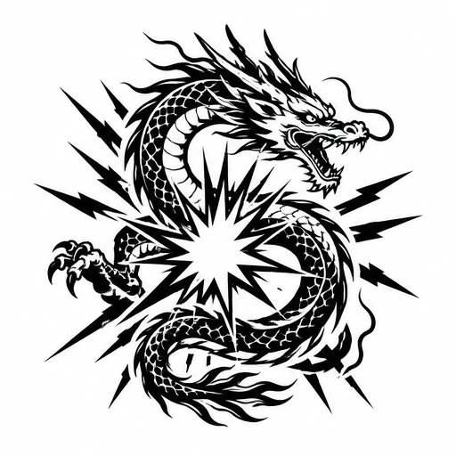 Black dragon coiled around a starburst with lightning bolts