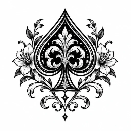 Black and white ace of spades tattoo design with floral and ornamental decorations