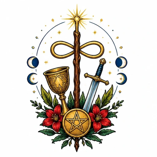 Tarot-themed tattoo design with wand, chalice, sword, pentacle, red flowers, green leaves, crescent moons, and stars.