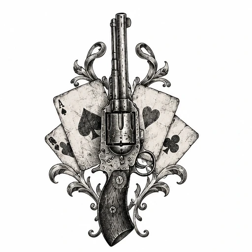 Black and gray vintage revolver with four playing cards and ornamental flourishes tattoo design