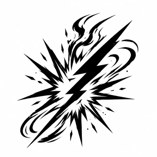 Black lightning bolt with explosive starburst and swirling flame shapes tattoo design in solid black ink