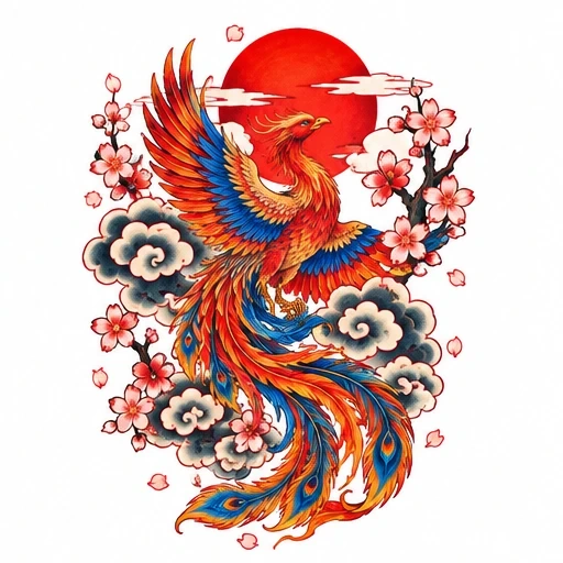 Japanese phoenix tattoo design with red and blue feathers, cherry blossoms, gray clouds, and a large red sun behind