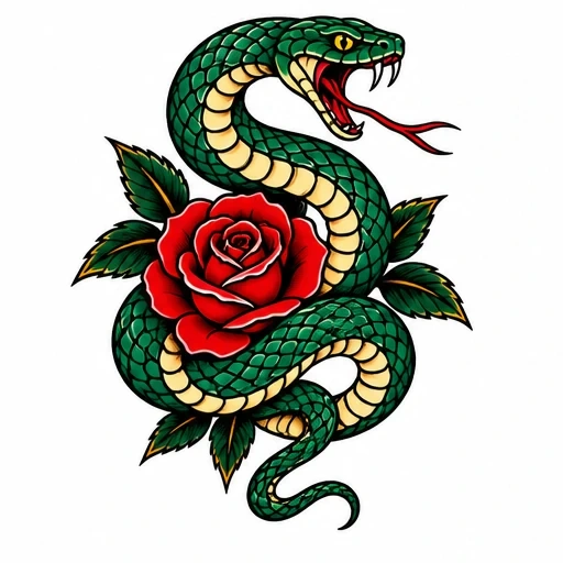 Green snake coiled around a red rose with green leaves in traditional tattoo style
