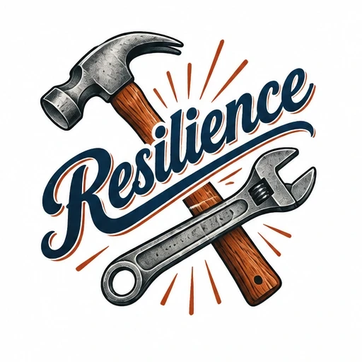 Hammer and wrench crossed behind the word 'Resilience' with radiating lines