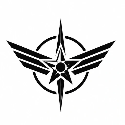 Black star with central circle, flanked by angular wings and encircled by segmented ring