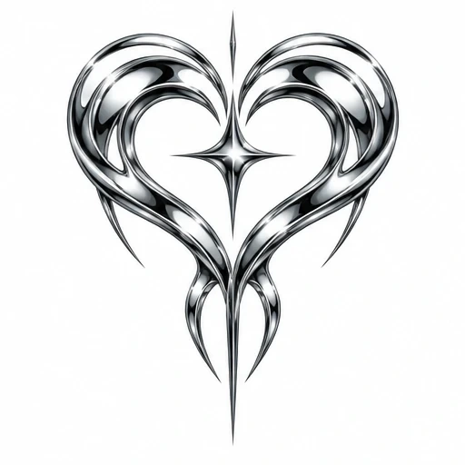 Chrome metallic heart tattoo design with central starburst