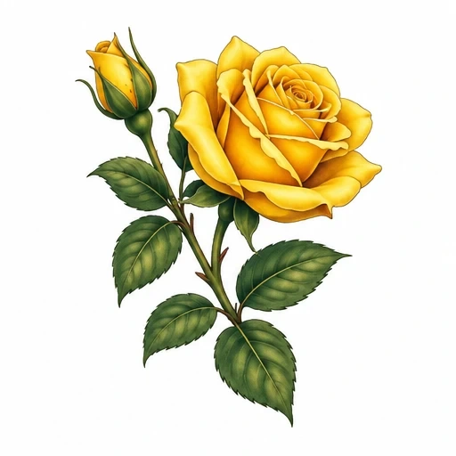 Yellow rose flower with a bud and green leaves on white background