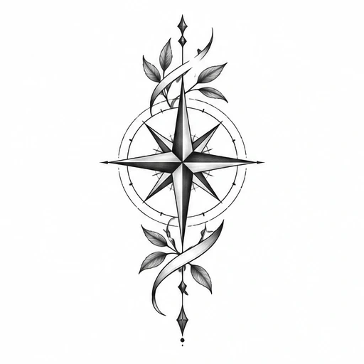 Black and gray compass rose with four main points and leafy vine wrapping around it