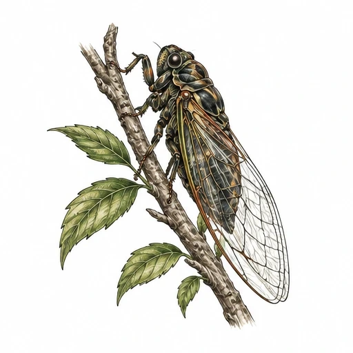 Realistic cicada perched on a leafy branch with detailed wings and textured body.