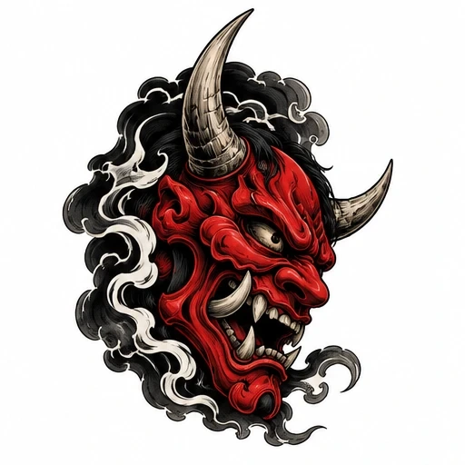 Red oni mask with two large horns and swirling black and white smoke around it