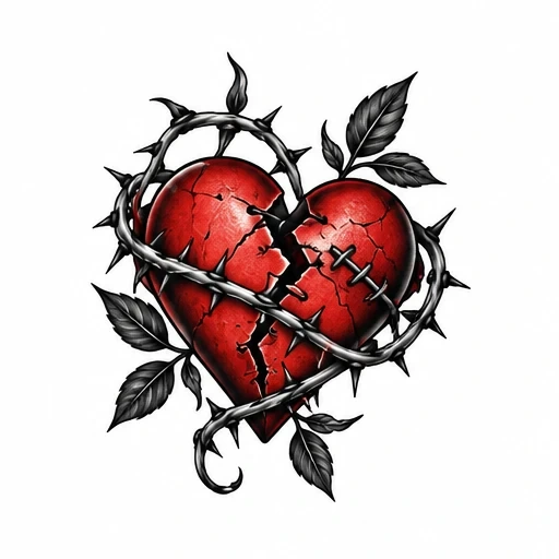 Red cracked heart with black thorny vine and leaves wrapping around it.