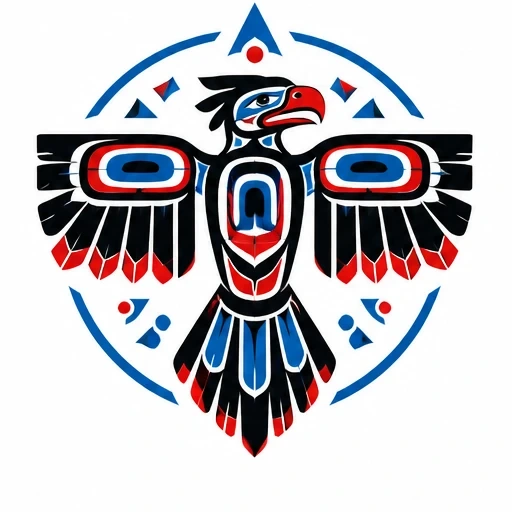 Colorful stylized thunderbird tattoo in red, blue, and black with geometric patterns and circular framing.