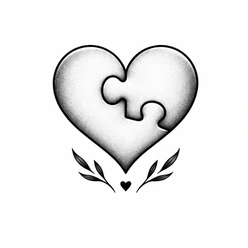 Heart-shaped puzzle piece tattoo design with laurel leaves and small solid heart below