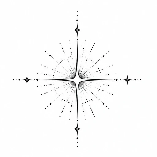 Geometric starburst sparkle tattoo with dotted arcs and fine radiating lines
