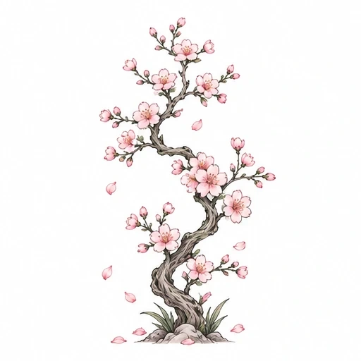 Cherry blossom tree tattoo design with pink flowers, twisted trunk, and falling petals