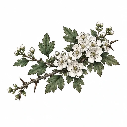 Illustration of a hawthorn branch with white flowers, green leaves, and sharp thorns on a white background