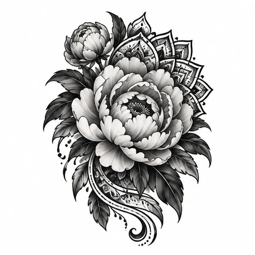 Black and gray tattoo design of peony flowers surrounded by leaves and mandala patterns
