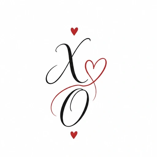 Black script X and O with red heart shape and two small red hearts above and below