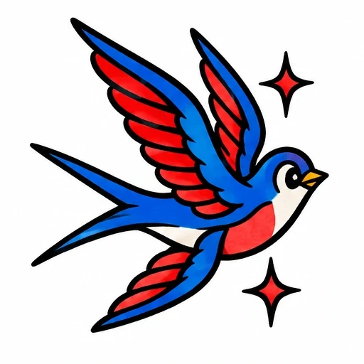 Traditional swallow tattoo with blue and red wings and two red sparkles
