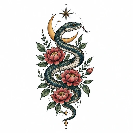 Tattoo design of a dark serpent coiled around pink lotus flowers, green leaves, with a gold crescent moon and compass star above