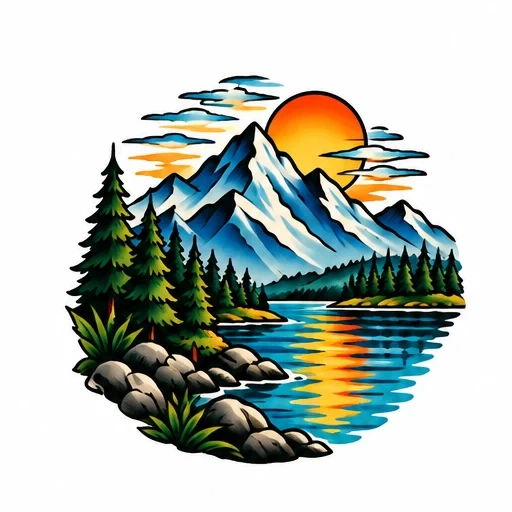 Colorful mountain landscape tattoo with sunset, pine trees, river, and rocks
