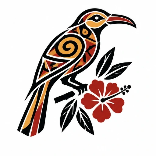 Taino style tribal bird perched on a branch with a red hibiscus flower, featuring geometric patterns in black, red, orange, and yellow.