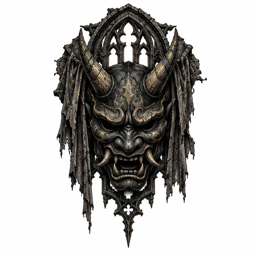 Gothic tattoo of demonic mask with horns and tattered cloth