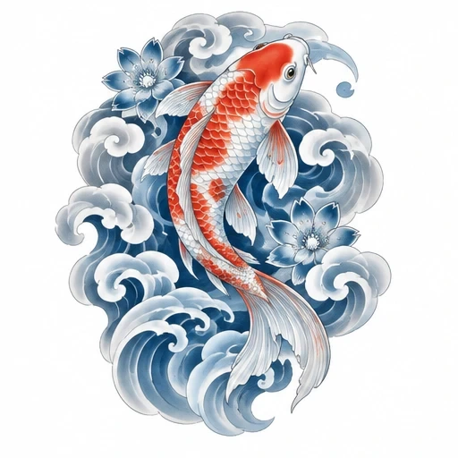 Koi fish with orange and white scales swimming through blue swirling clouds and lotus flowers in Japanese tattoo style