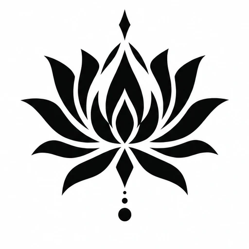 Black lotus flower tattoo silhouette with geometric shapes and three dots below
