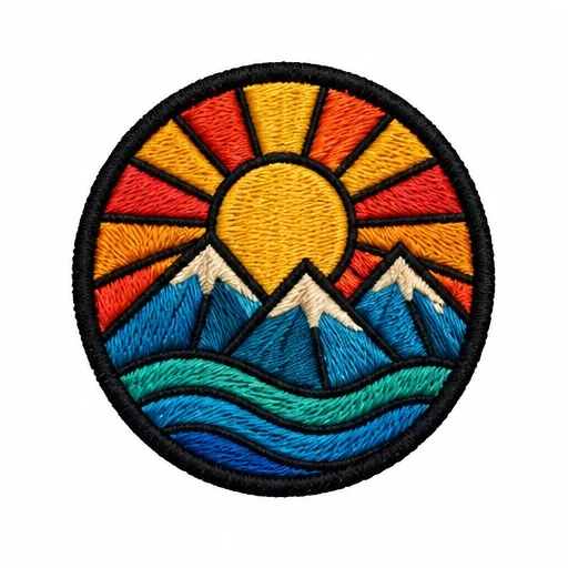 Embroidered patch with three blue snow-capped mountains, yellow sun, orange and red sky rays, and teal and navy blue waves inside a black circular border