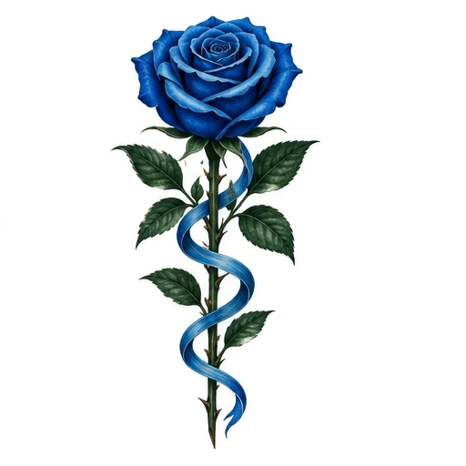 Detailed blue rose with green leaves and a twisting blue ribbon around the stem on white background