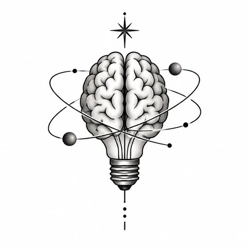 Tattoo design of a brain shaped like a light bulb with orbiting atoms and a compass star above