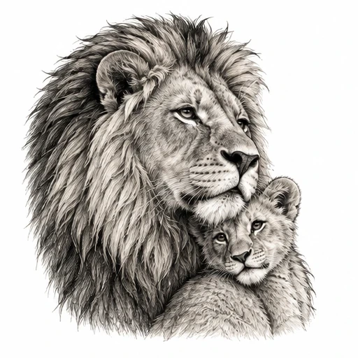 Realistic black and gray tattoo of a lion and cub embracing with detailed mane and fur texture