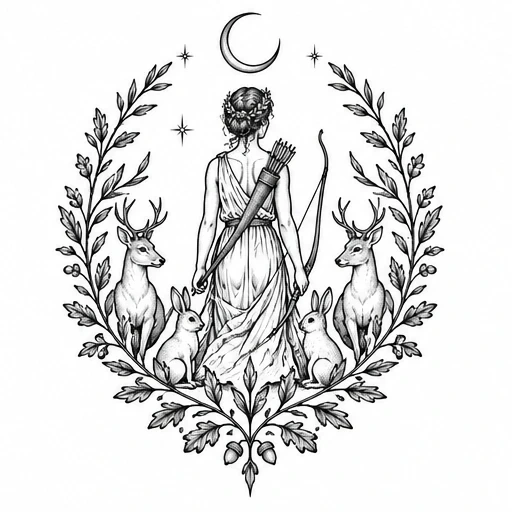 Black and grey tattoo design of Artemis with bow, deer, rabbits, crescent moon, and laurel wreath.