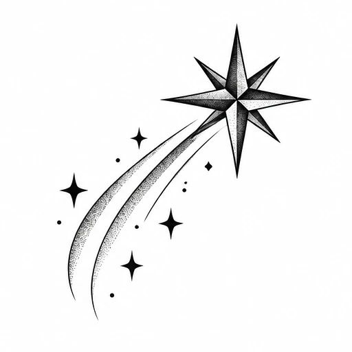Black and grey tattoo design of an eight-pointed shooting star with two trailing tails and smaller surrounding stars made with dot shading