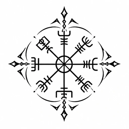 Black line Vegvisir symbol with eight arms, decorative arrows, and triangular accents
