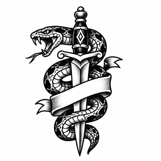 Black and white traditional tattoo of a snake coiled around a dagger with an empty ribbon banner.