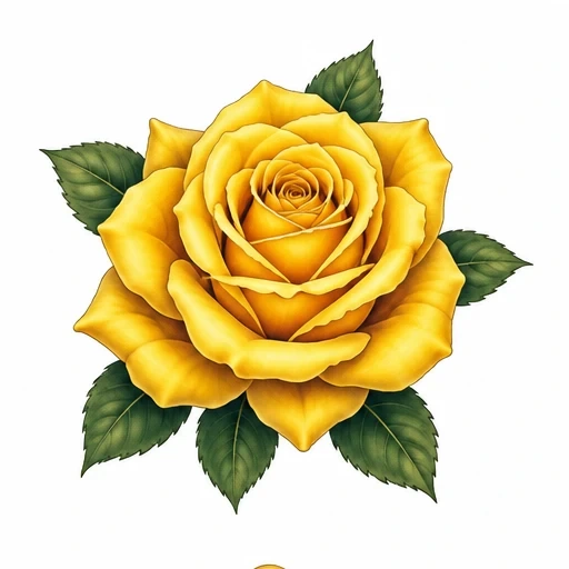 Detailed yellow rose tattoo design with green leaves on white background