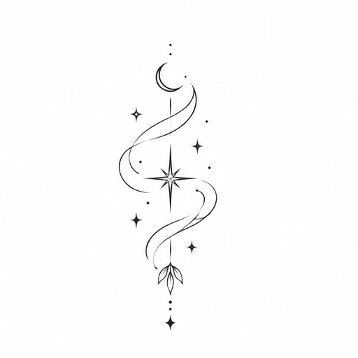 Minimalist celestial tattoo with crescent moon, swirling line, central star and small leaves in fine black ink